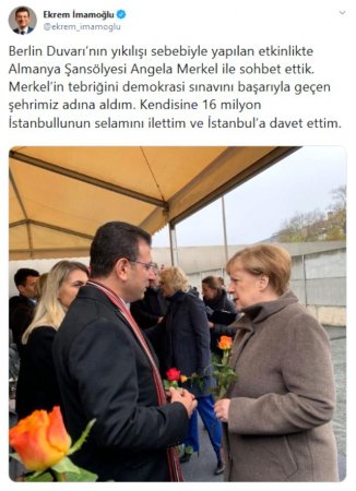 İmamoğlu Merkellə görüşüb, onu İstanbula dəvət etdi
