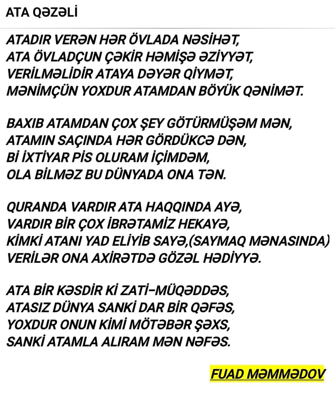 Fuad Səbuhi oglu Məmmədov - "ATA" qəzəli